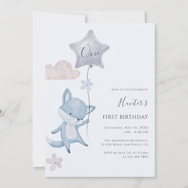 Convite Cute Fox Flying Balloon Boy First Birthday Party (Frente)