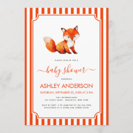 Convite Cute Fox Girl Baby Shower Watercolor & Red Stripes