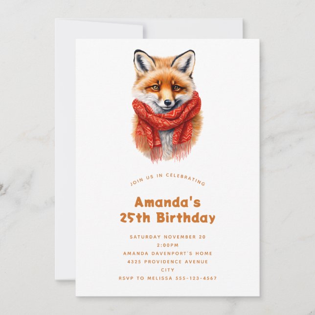 Convite Cute Fox in a Red Scarf Autumn Image Birthday (Frente)