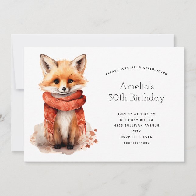 Convite Cute Fox Pup in a Red Scarf Birthday (Frente)