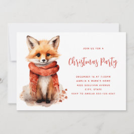 Convite Cute Fox Pup in a Red Scarf Christmas