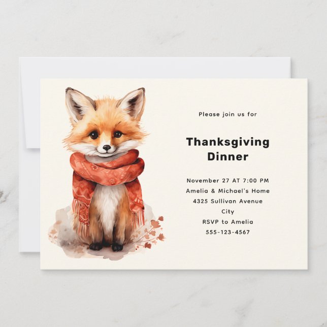 Convite Cute Fox Pup in a Red Scarf Thanksgiving Dinner (Frente)