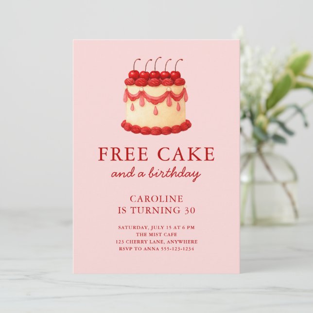 Convite Cute Free Cake Funny Adult Birthday Any Age (Em pé/Frente)
