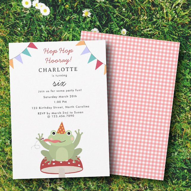Convite Cute Frog Hop Hop Hooray Mushroom Plaid Birthday (Cute Frog Hop Hop Hooray Mushroom Plaid Birthday Invitation)
