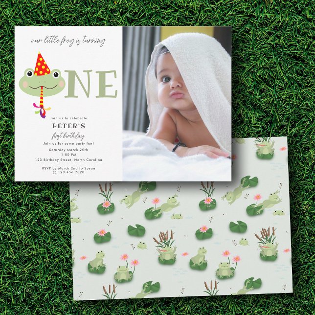 Convite Cute Frog Party Hat Kids First 1st Birthday Photo (Cute Frog Party Hat Kids First 1st Birthday Photo Invitation)