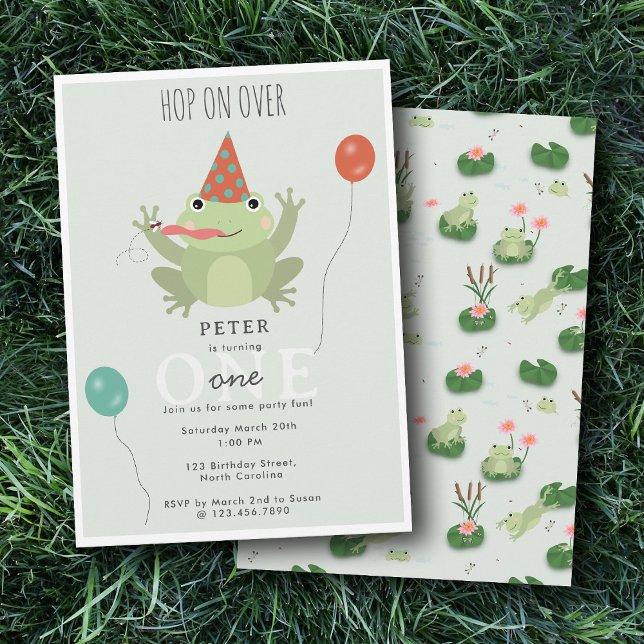 Convite Cute Frogs in Lily Pond Hop On Over Kids Birthday (Cute Frogs in Lily Pond Hop On Over Kids Birthday Invitation)