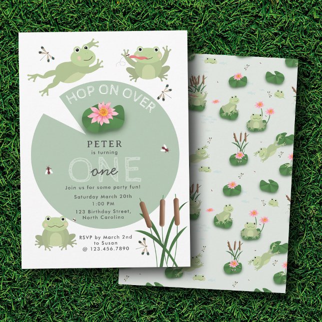 Convite Cute Frogs in Lily Pond Hop On Over Kids Birthday (Cute Frogs in Lily Pond Hop On Over Kids Birthday Invitation)