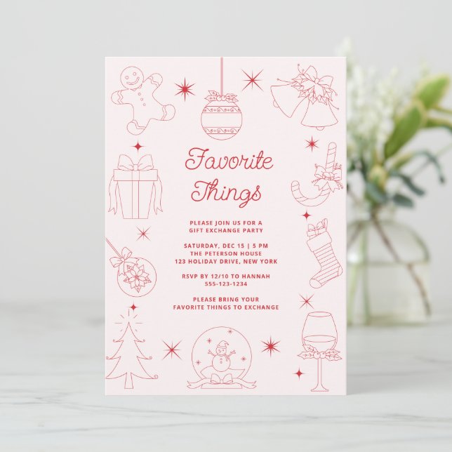Convite Cute Fun Pink Hand Drawn Favorite Things Holiday (Em pé/Frente)