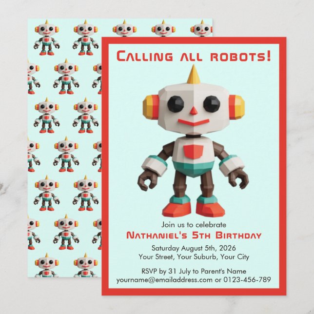 Convite Cute Fun Robot Kid's Birthday (Frente/Verso)