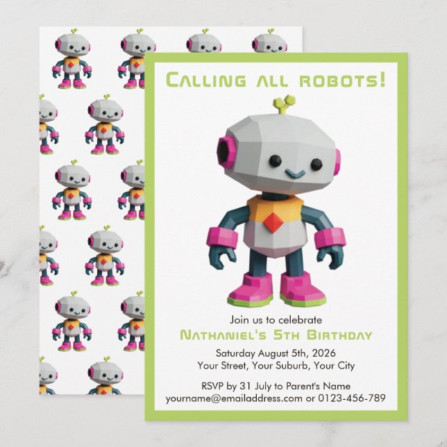 Convite Cute Fun Robot Kid's Birthday (Frente/Verso)