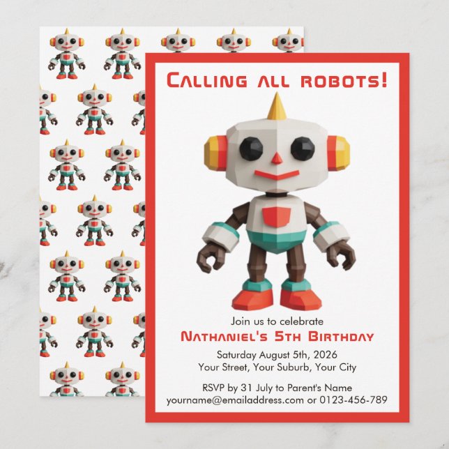 Convite Cute Fun Robot Kid's Birthday (Frente/Verso)