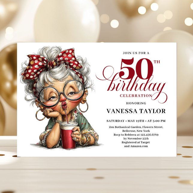 Convite Cute Funny Lady 50th Birthday Cartoon Humor Invite (Cute Funny Lady 50th Birthday Cartoon Humor Invite)