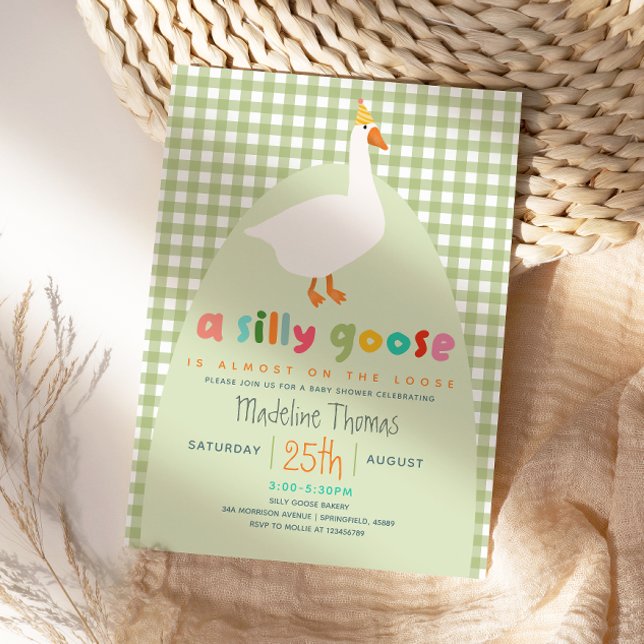 Convite Cute Gingham Neutral Silly Goose Baby Shower  (Criador carregado)