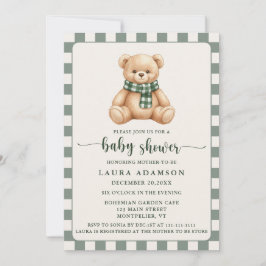 Convite Cute Gingham Plaid Teddy Bear Winter Baby Shower