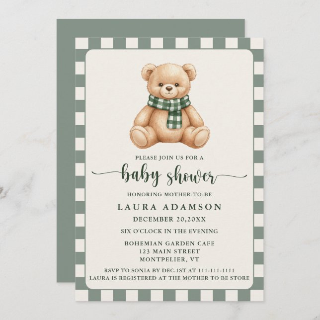 Convite Cute Gingham Plaid Teddy Bear Winter Baby Shower (Frente/Verso)