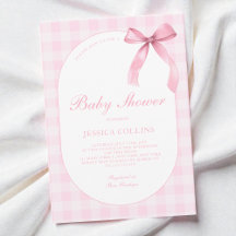 Cute Gingham Watercolor Pink Bow Girl Baby Shower
