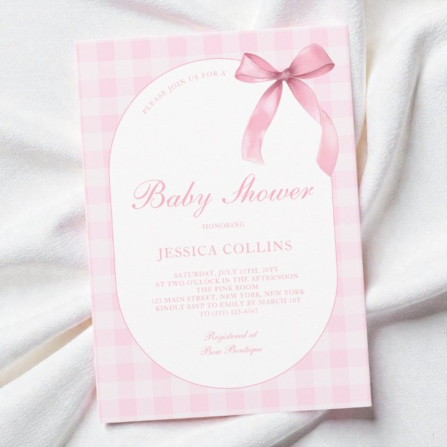 Convite Cute Gingham Watercolor Pink Bow Girl Baby Shower (Cute Gingham Watercolor Pink Bow Girl Baby Shower Invitation)