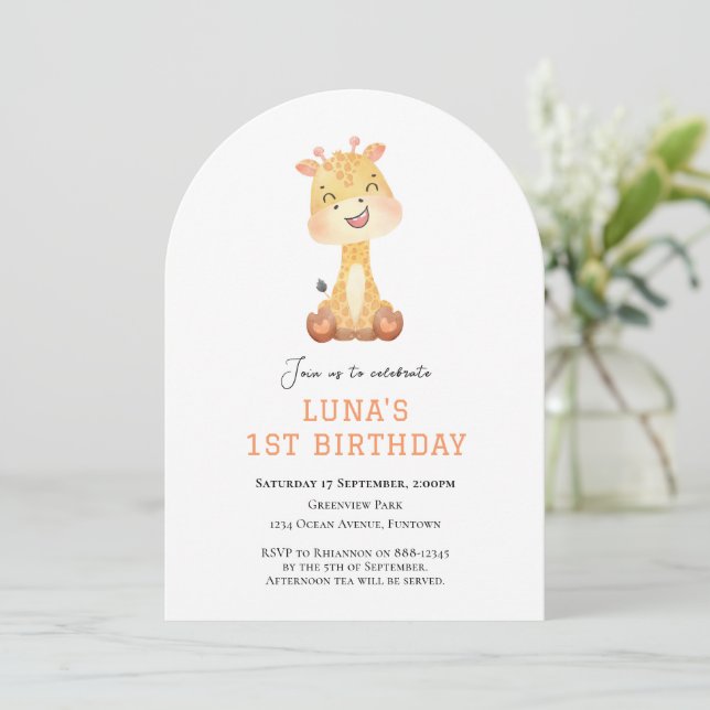 Convite Cute Giraffe arch 1st birthday invitation (Em pé/Frente)