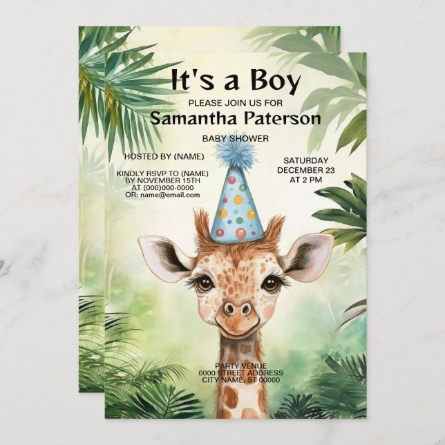 Convite Cute Giraffe Jungle Baby Shower Party Beautiful (Frente/Verso)