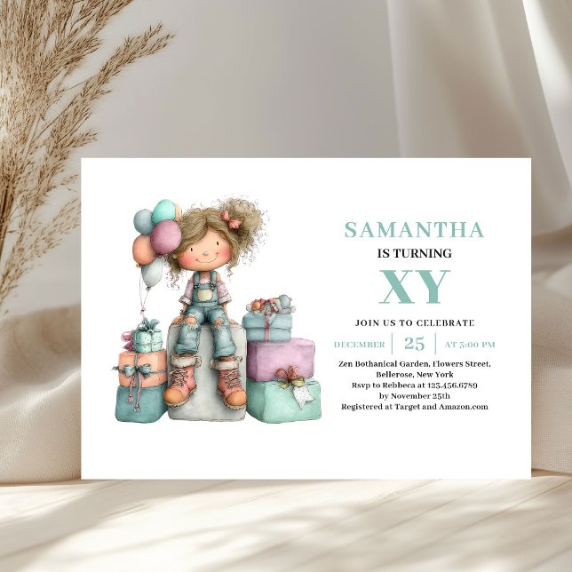 Convite Cute Girl 7th Birthday Purple Green Whimsy invite (Cute Girl 7th Birthday Purple Green Whimsy invitation)