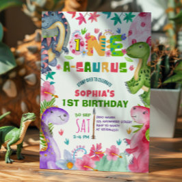 Convite Cute Girl Dinosaur 1st Birthday Invitation