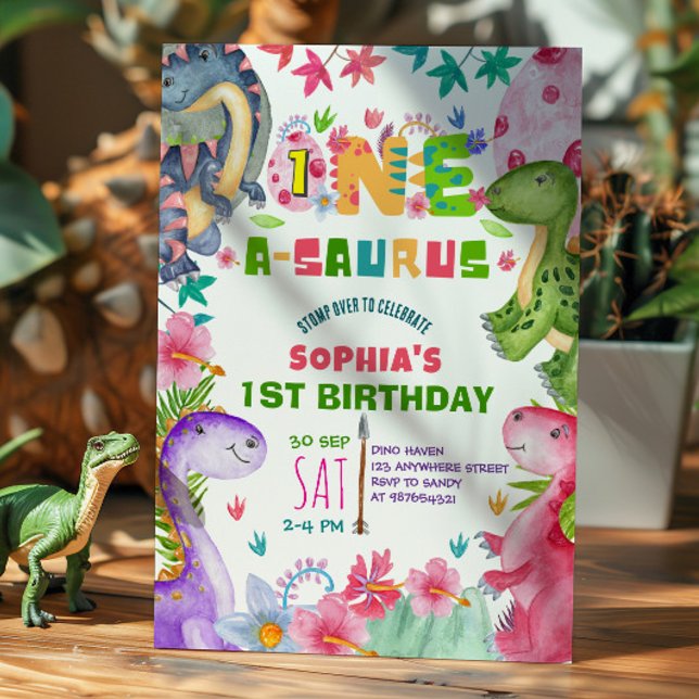 Convite Cute Girl Dinosaur 1st Birthday Invitation (Criador carregado)