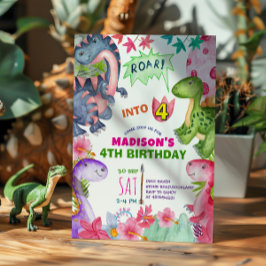 Convite Cute Girl Dinosaur 4th Birthday Invitation