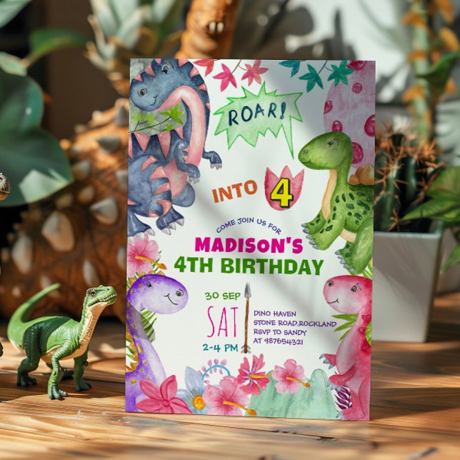 Convite Cute Girl Dinosaur 4th Birthday Invitation (Criador carregado)