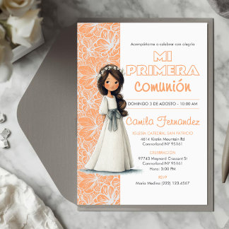 Convite Cute Girl Peach Background Spanish First Communion