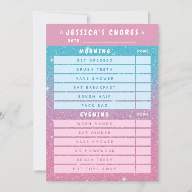 Convite Cute Girly Pink Blue Glitter Kids Daily Chores  (Frente)