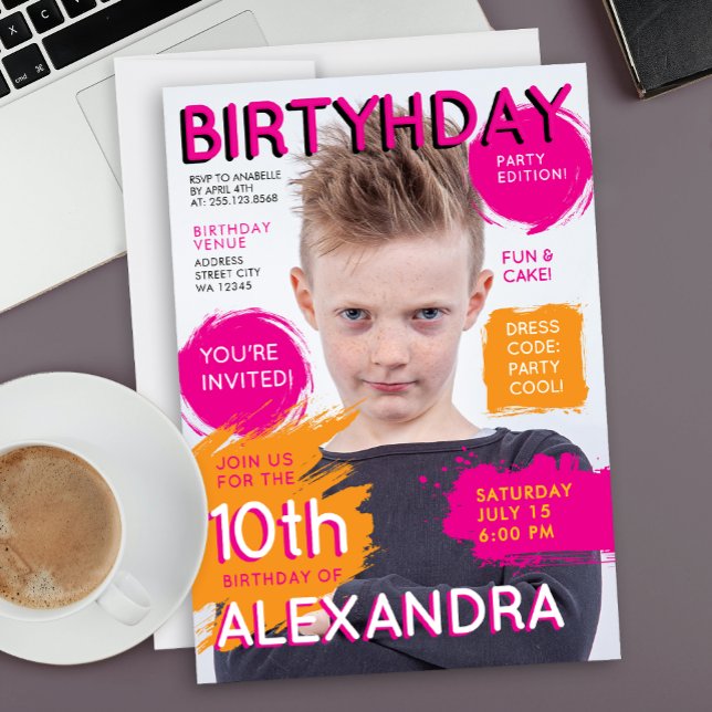 Convite Cute Girly PInk Orange Kids Magazine Cover Photo  (Criador carregado)
