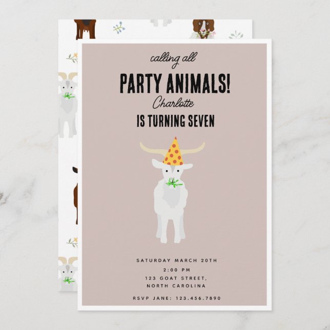 Convite Cute Goats Farm Party Animals Goat Birthday Theme (Frente/Verso)