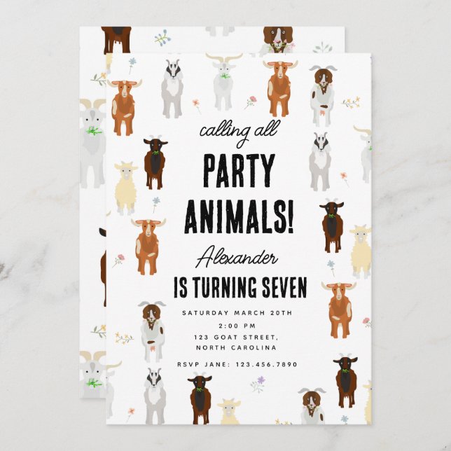 Convite Cute Goats Farm Party Animals Goat Birthday Theme (Frente/Verso)