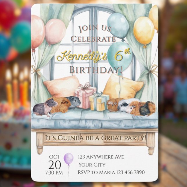 Convite Cute Guinea Pig Watercolor Birthday Party (Criador carregado)