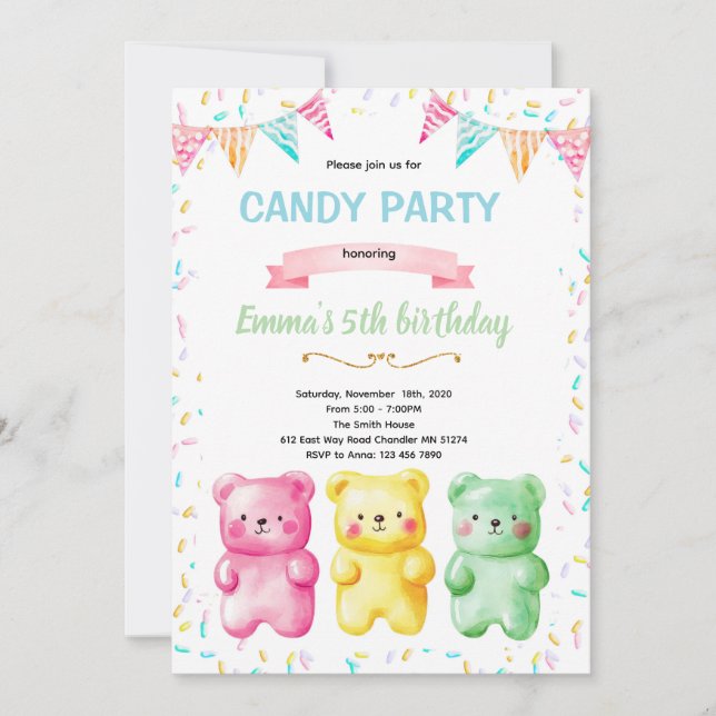 Convite Cute gummy bear party theme invitation (Frente)