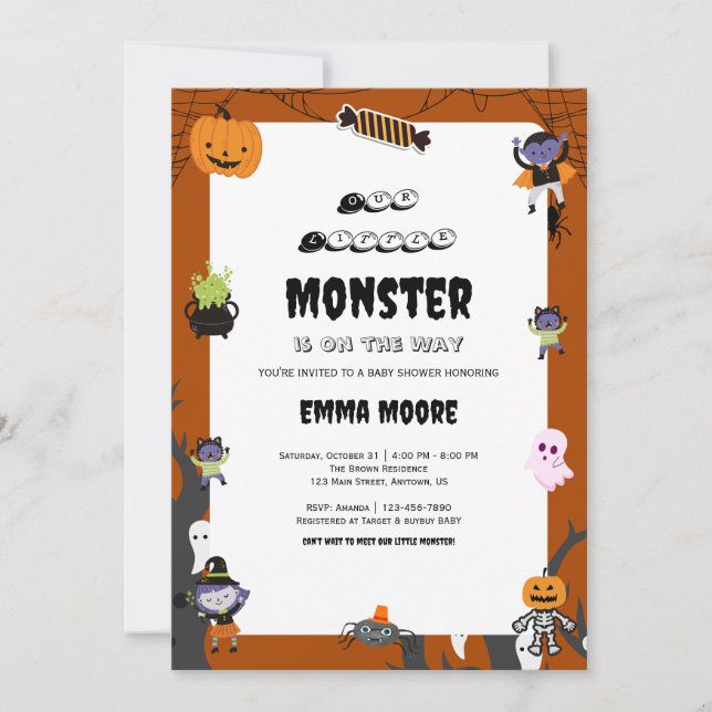 Convite Cute Halloween Monster Baby Shower Design (Frente)