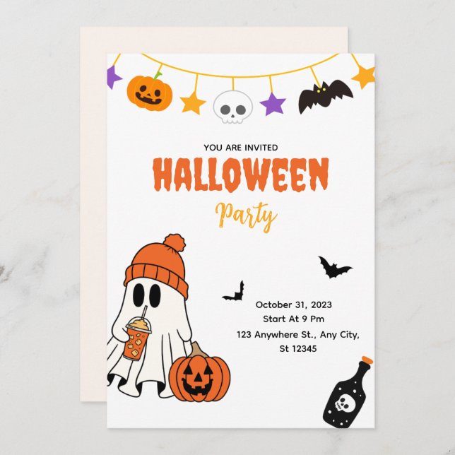 Convite Cute Halloween Party Invitation with Ghost (Frente/Verso)