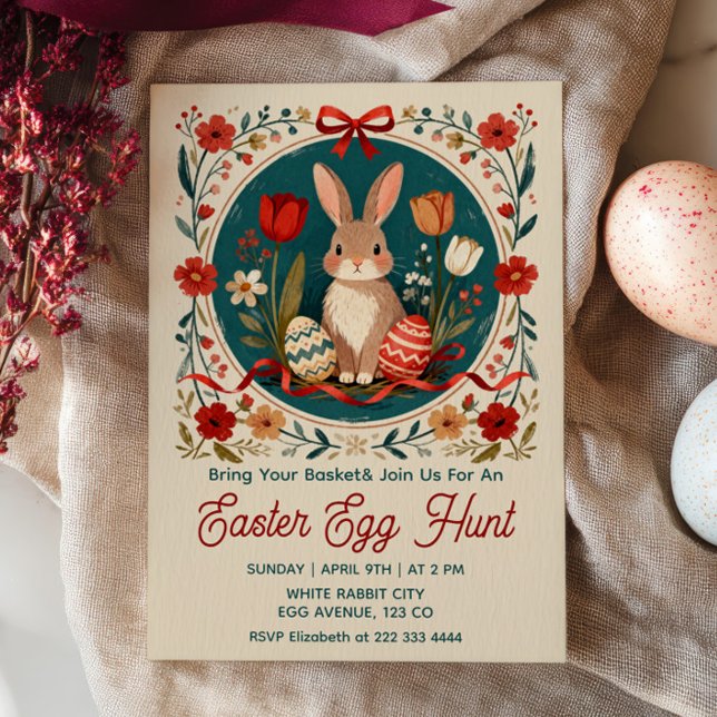 Convite Cute Hare with Eggs Floral Easter Egg Hunt  (Criador carregado)