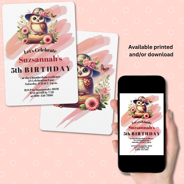 Convite Cute Hat Vestindo Coruja Em Um Log Personalizado (print and downloadable template invitation)