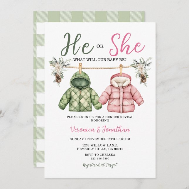 Convite Cute He or she Winter Clothes Gender Reveal Floral (Frente/Verso)