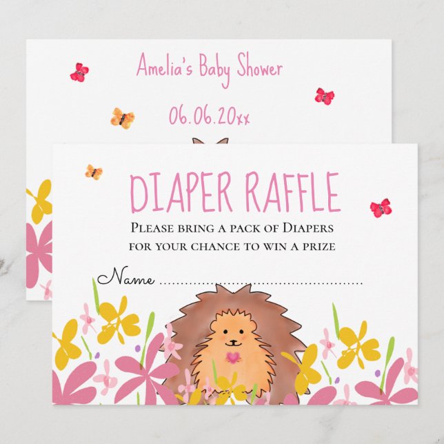 Convite Cute Hedgehog Baby Shower Diaper Raffle  (Frente/Verso)