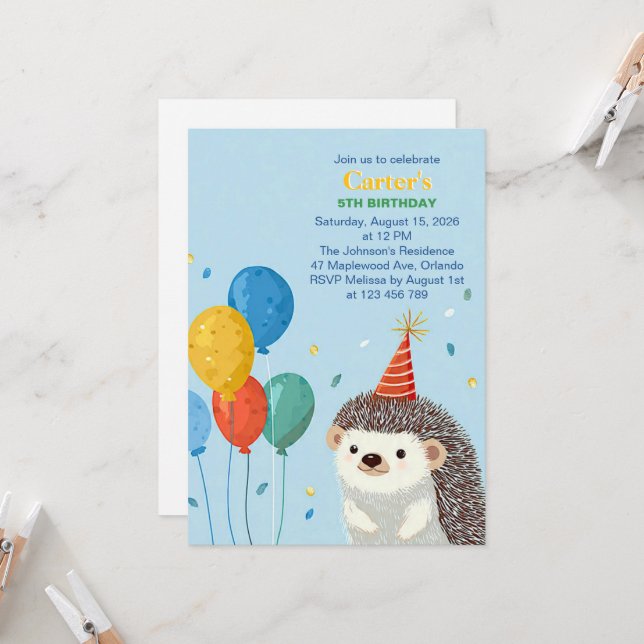 Convite Cute Hedgehog Birthday Party Invitation (Frente/Verso In Situ)