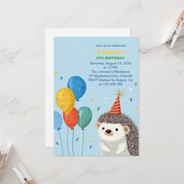 Convite Cute Hedgehog Birthday Party Invitation (Frente/Verso In Situ)
