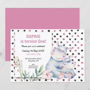 Convite Cute Hippos Pink Pontos Rosa Raparigas Primeira Fe