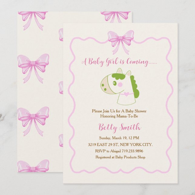 Convite Cute Horse Pink Bow Personalized Girl Baby Shower  (Frente/Verso)