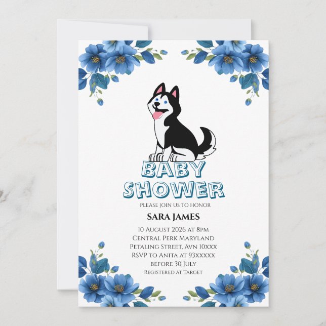 Convite  Cute Husky Dog Floral Baby Shower Invitation (Frente)