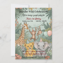 Convite Cute Jungle Safari Animals Wild One 3rd Birthday 