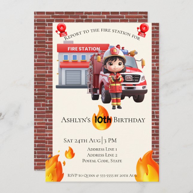 Convite Cute Kawai Fire fighter Girl Theme Birthday  (Frente/Verso)