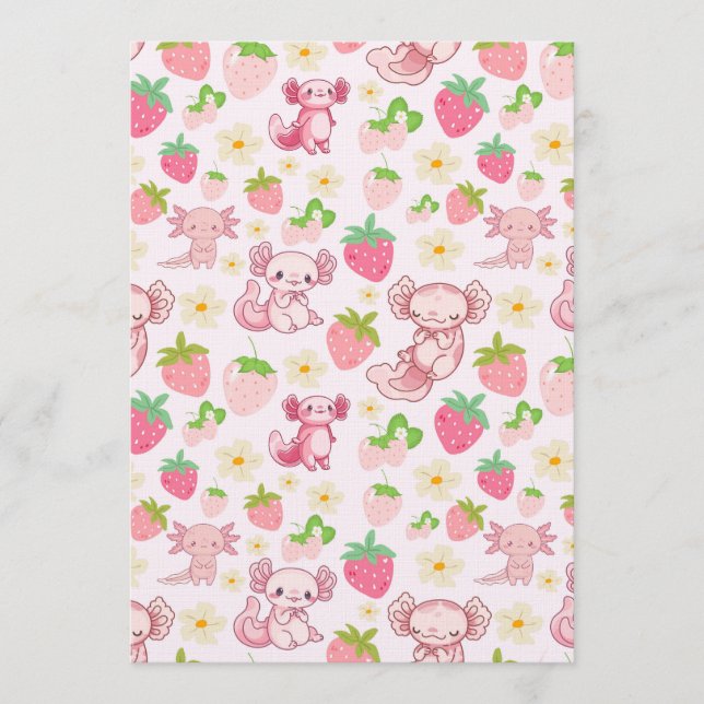 Convite Cute Kawaii Axolotl & Strawberry Seamless Pattern (Frente)