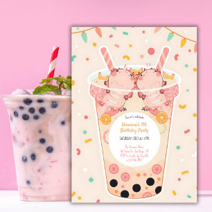 Convite Cute Kawaii Boba Bubble Tea Axolotl Aniversário
